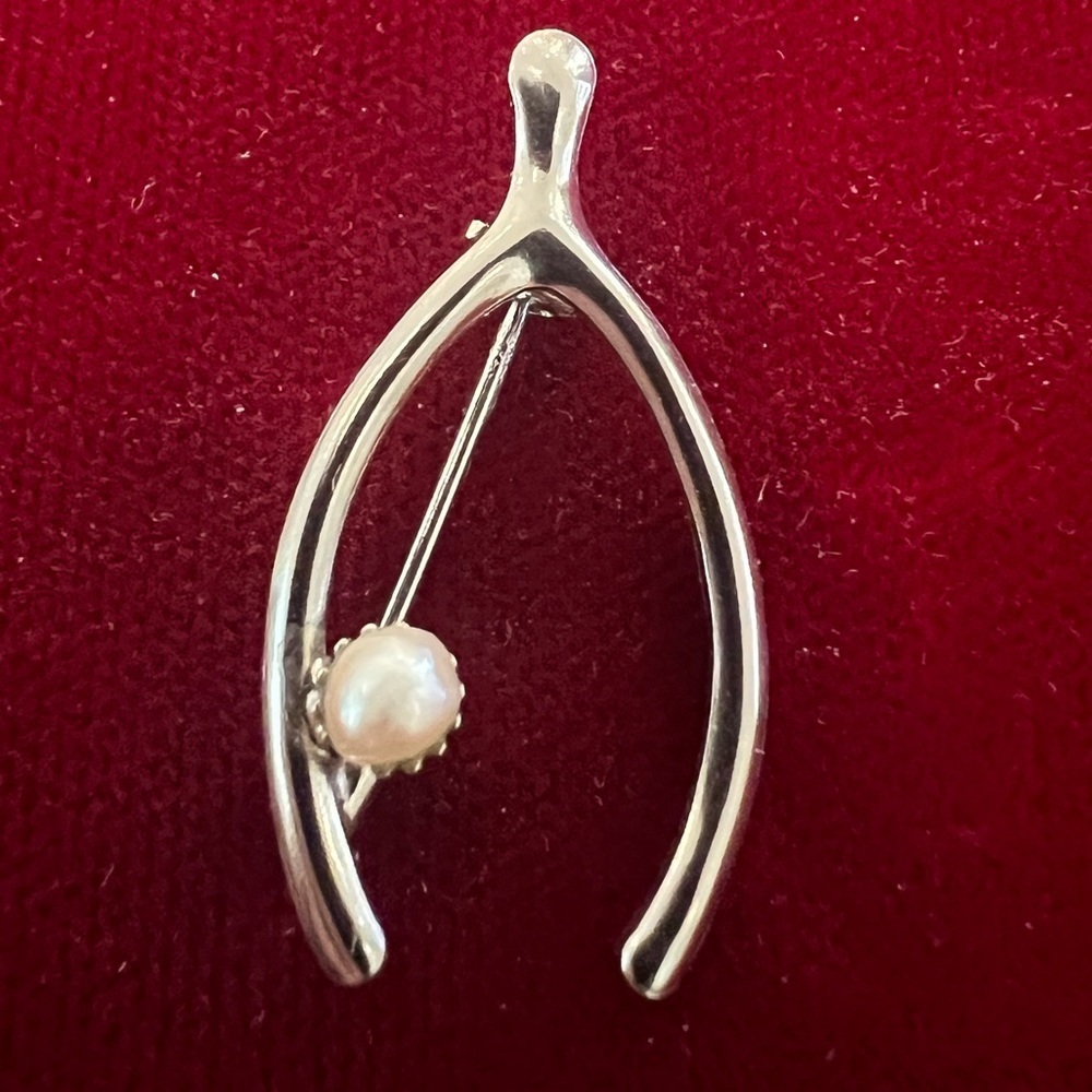 Vintage 1970's Sterling Silver Wishbone Pearl Brooch Pin